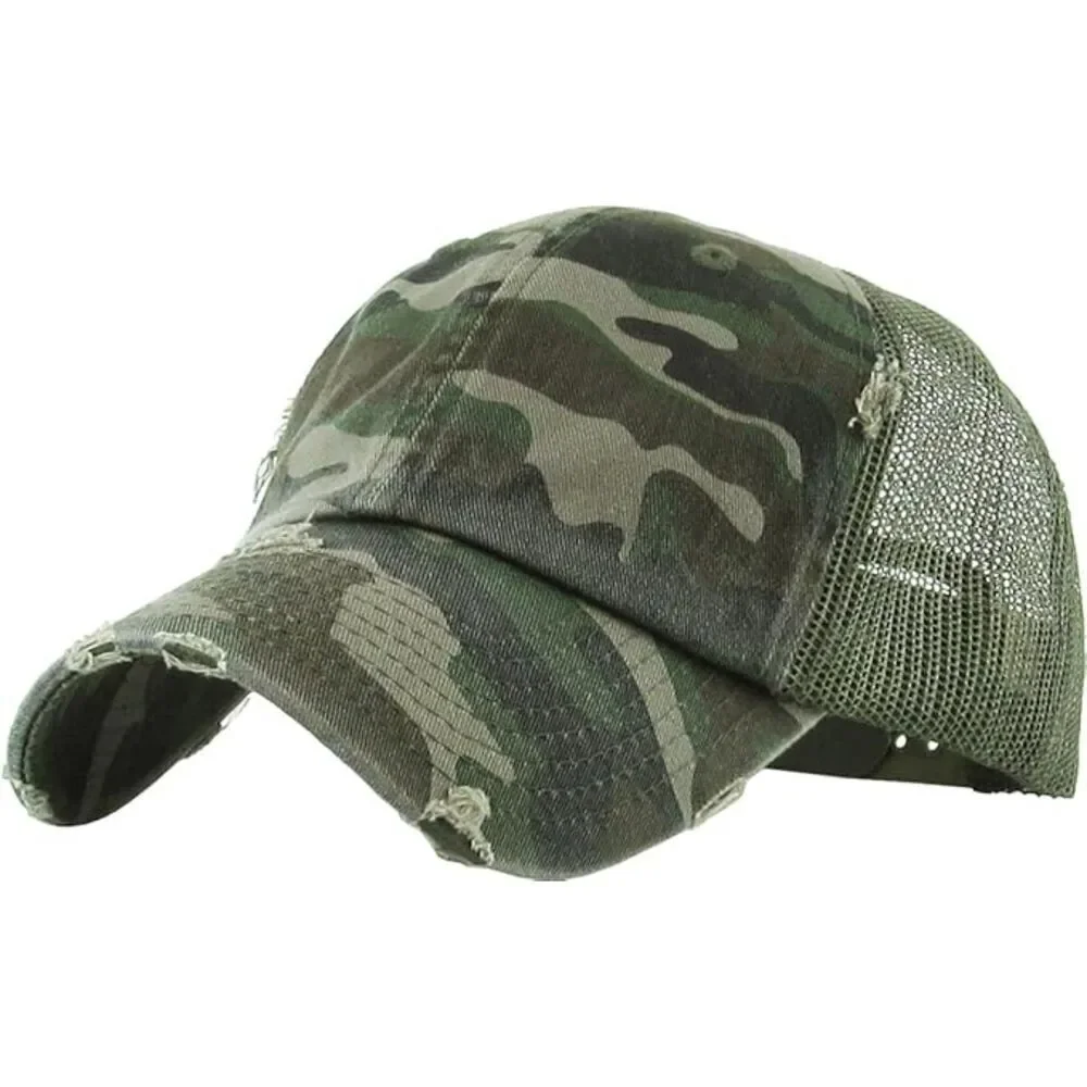 Women's Camo Distressed Mesh Back Adjustable Classic Comfortable Baseball Caps